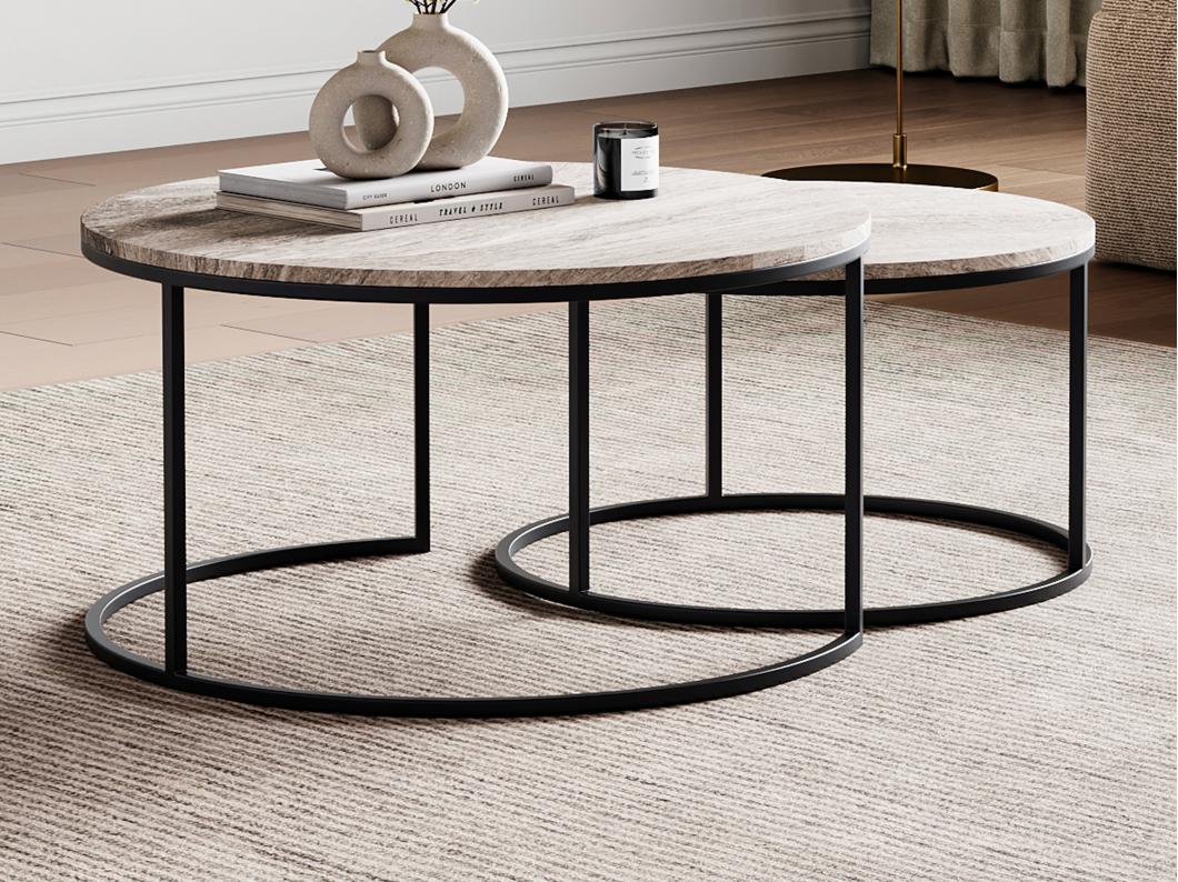 Tables basses gigognes en marbre et métal - Beige et Noir - MABELA