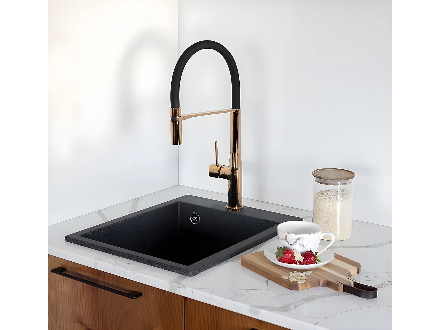 Evier de cuisine en granit noir CHICHI, 1 bac, 48x38