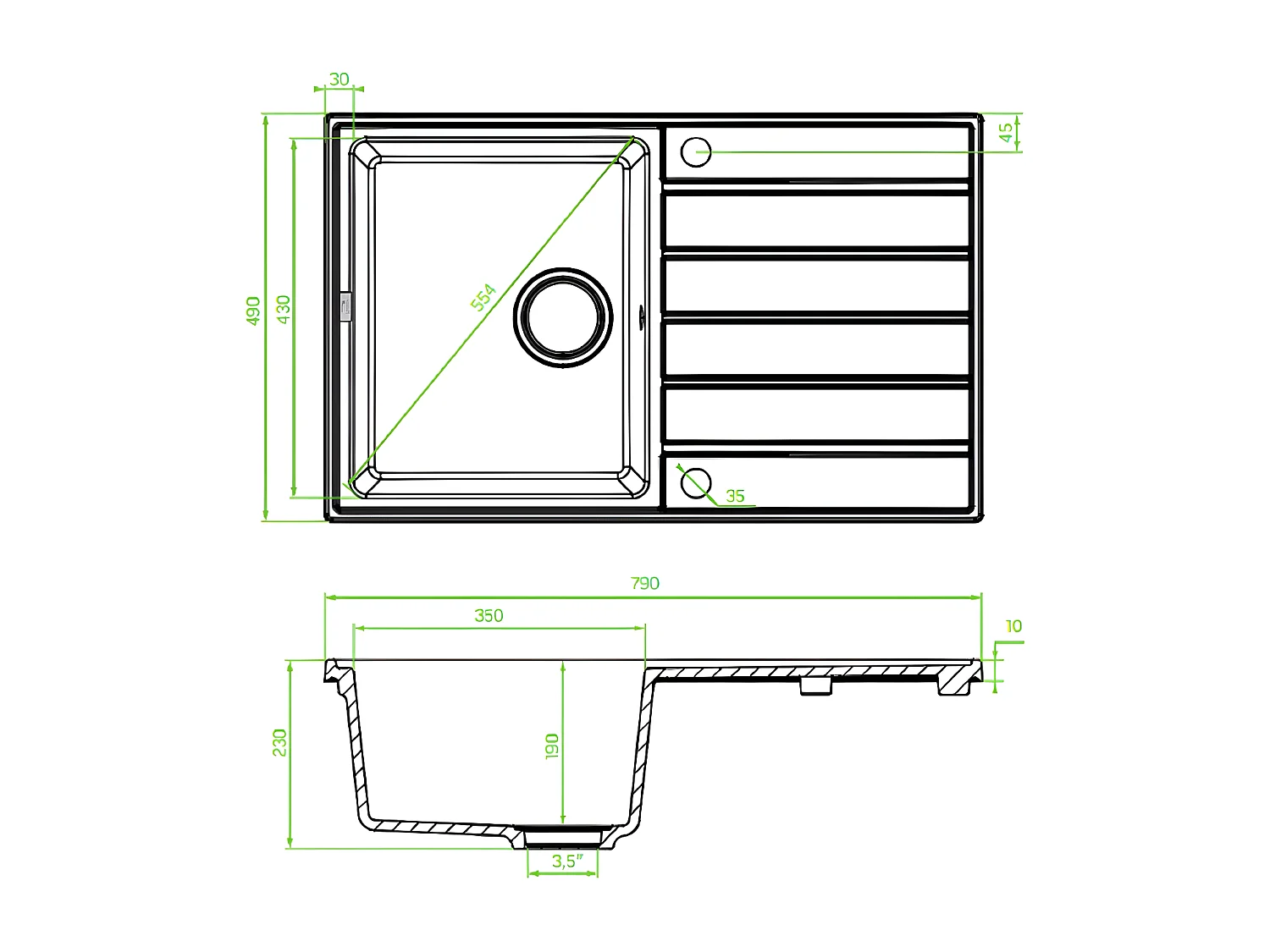 Evier de cuisine rond en granit gris MARGARITA, 1 bac avec égouttoir,49x79
