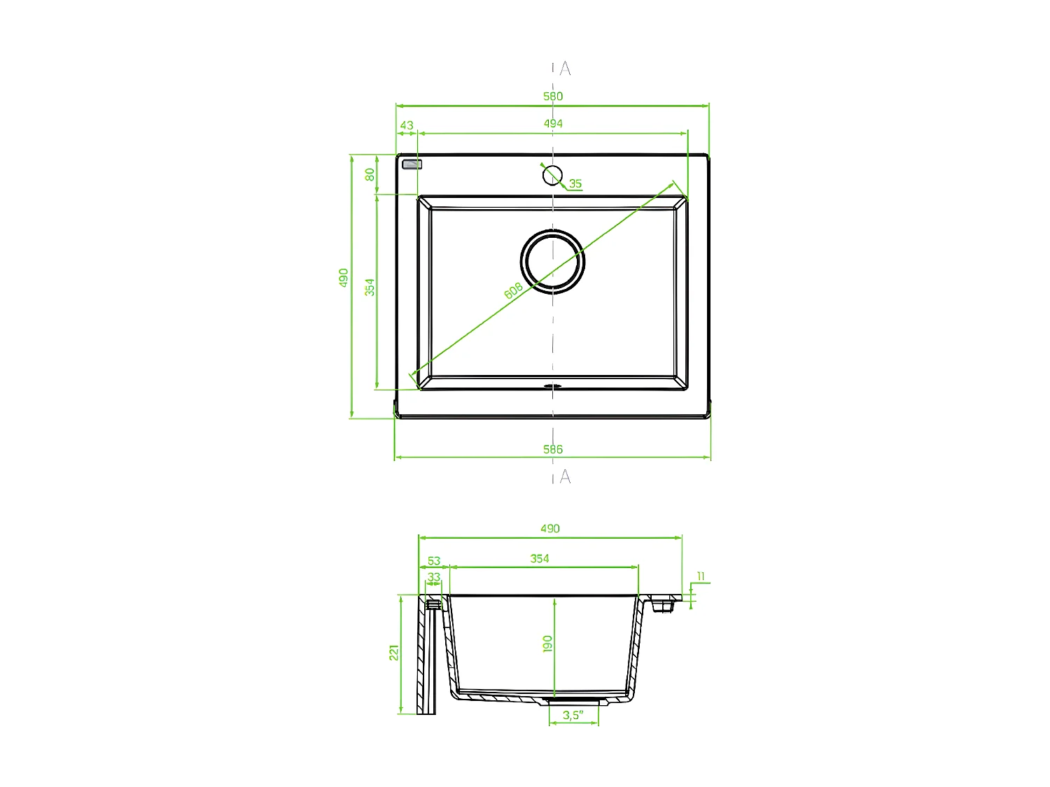Evier de cuisine rond en granit beige KOMODO, 1 bac,49x58