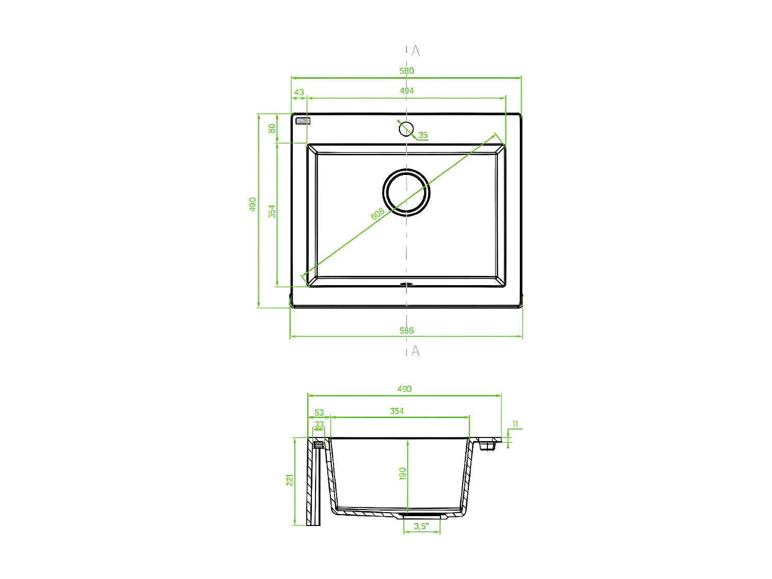 Evier de cuisine rond en granit beige KOMODO, 1 bac,49x58