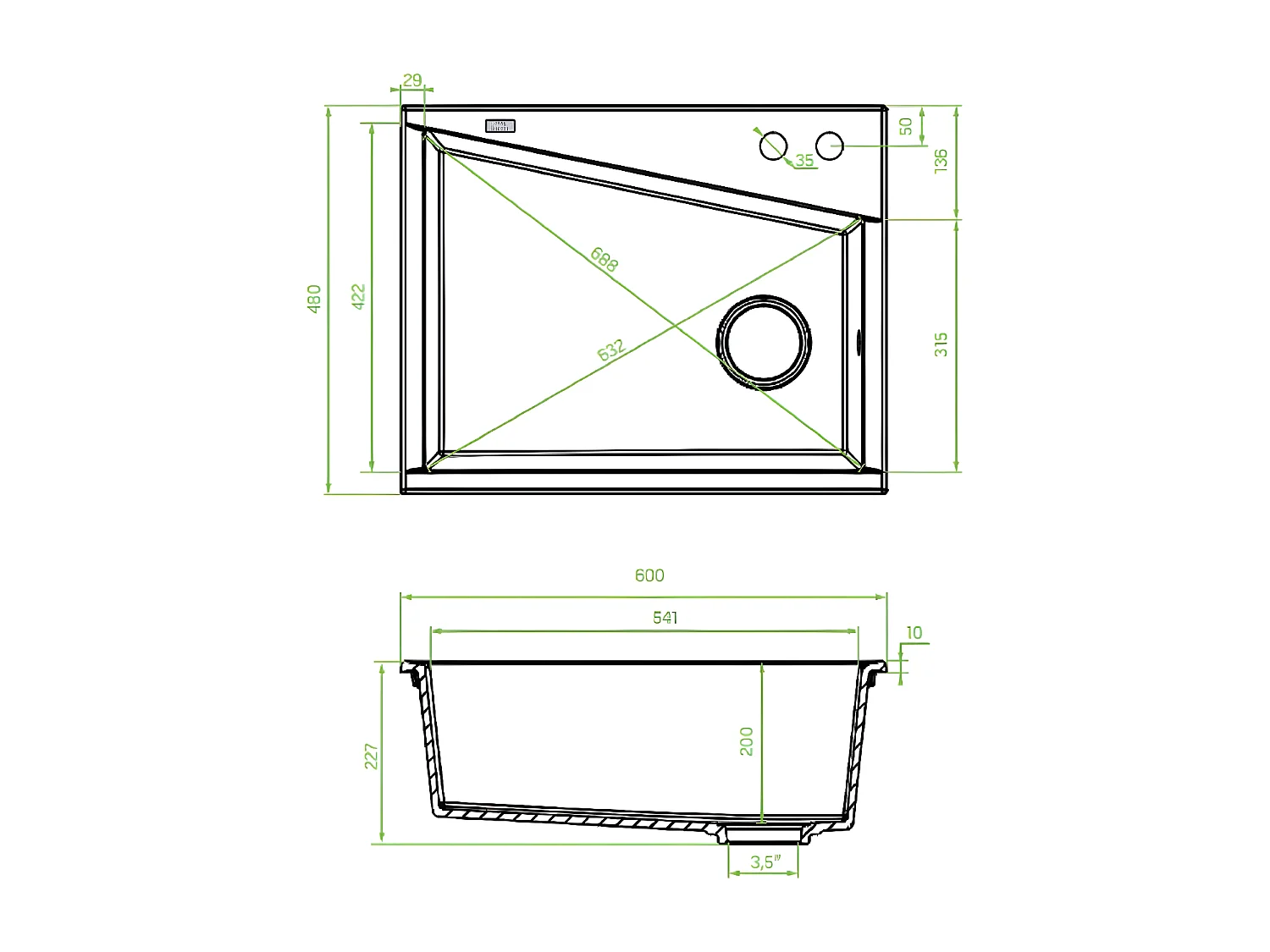 Evier de cuisine en granit beige GRENADA, 1 bac, 48x60
