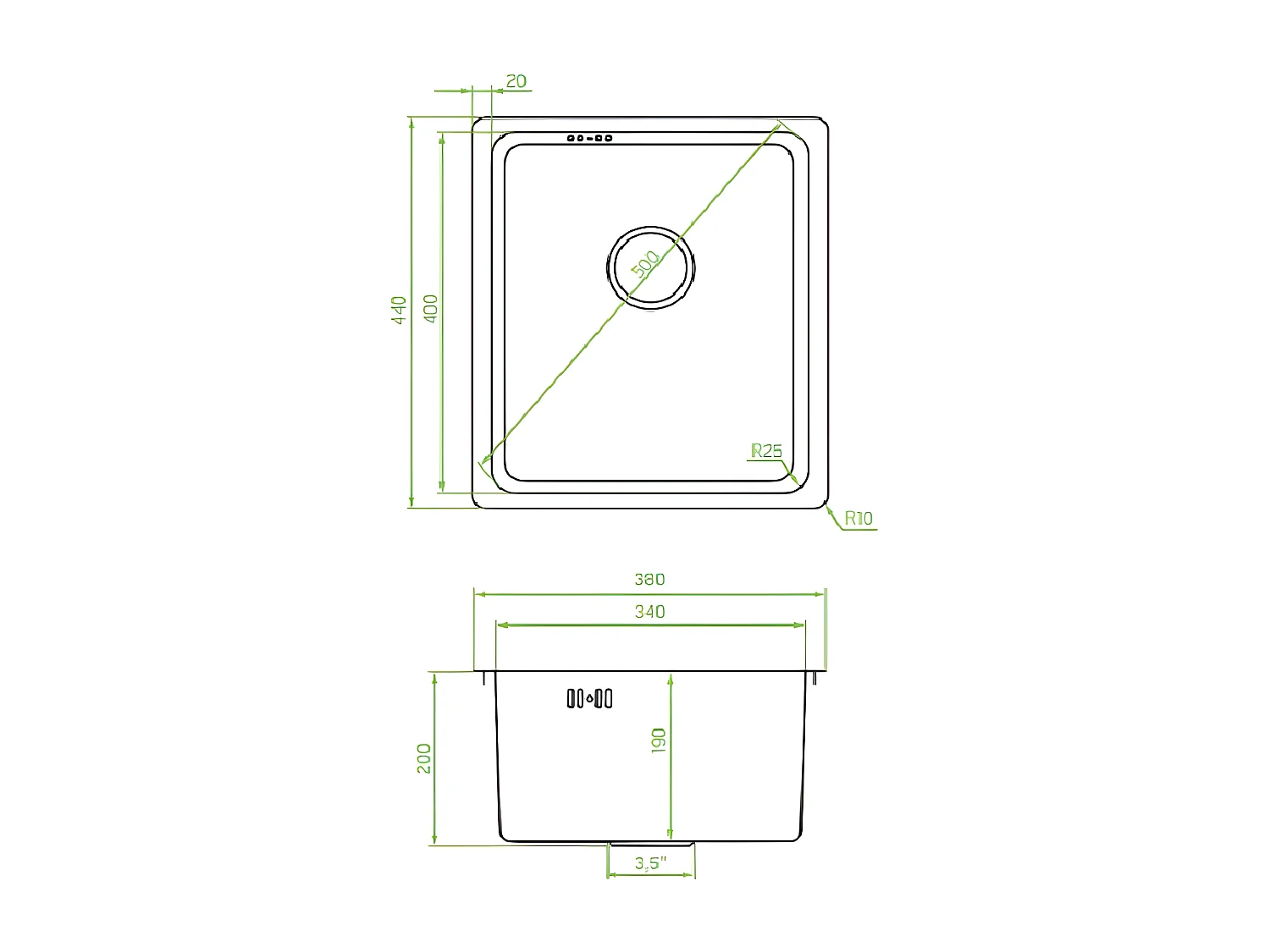 Evier de cuisine chrome ADEN, 1 bac, acier inoxydable, 44x38