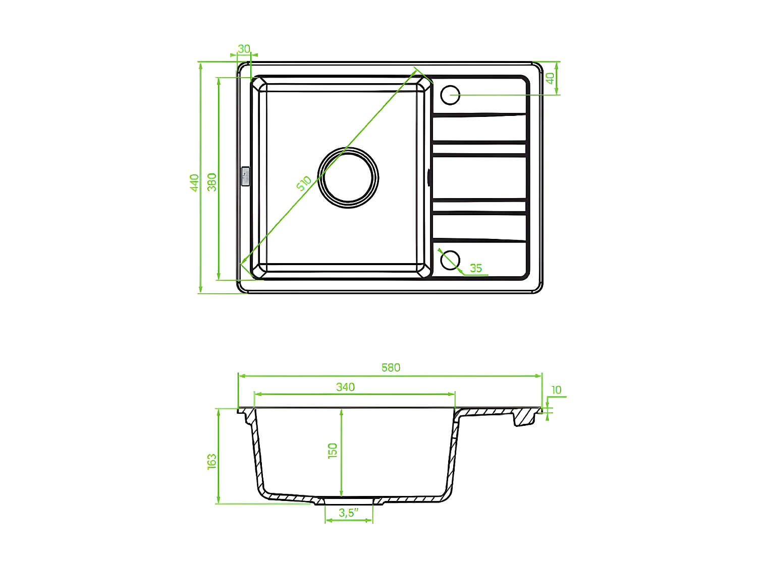 Evier de cuisine rond en granit noir STELLA, 1 bac avec égouttoir,44x58