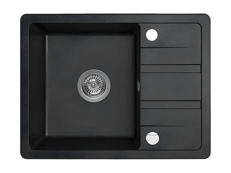 Evier de cuisine rond en granit noir STELLA, 1 bac avec égouttoir,44x58