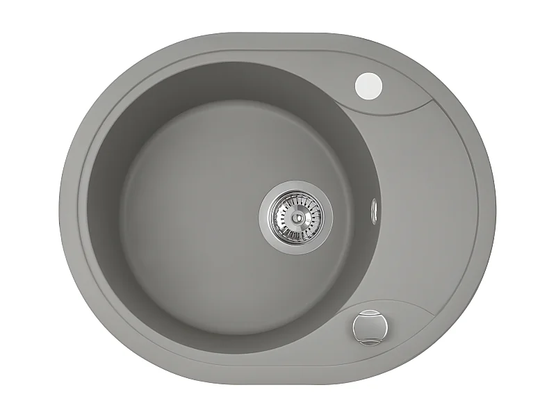 Evier de cuisine rond en granit gris DAFNE, 1 bac avec 1/2 égouttoir, 47x58