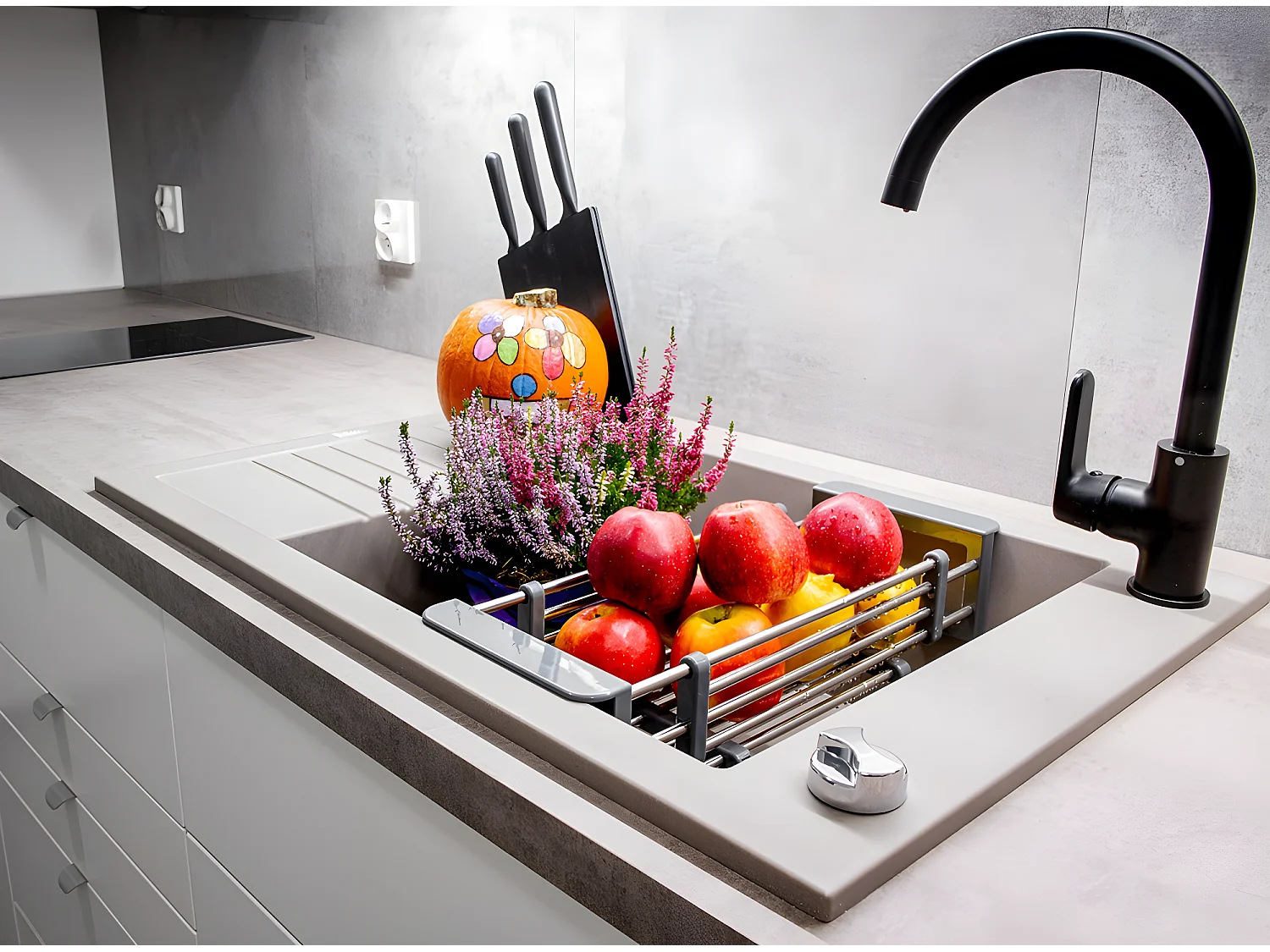 Evier de cuisine rond en granit gris PIONIER, 1 bac avec égouttoir,50x78