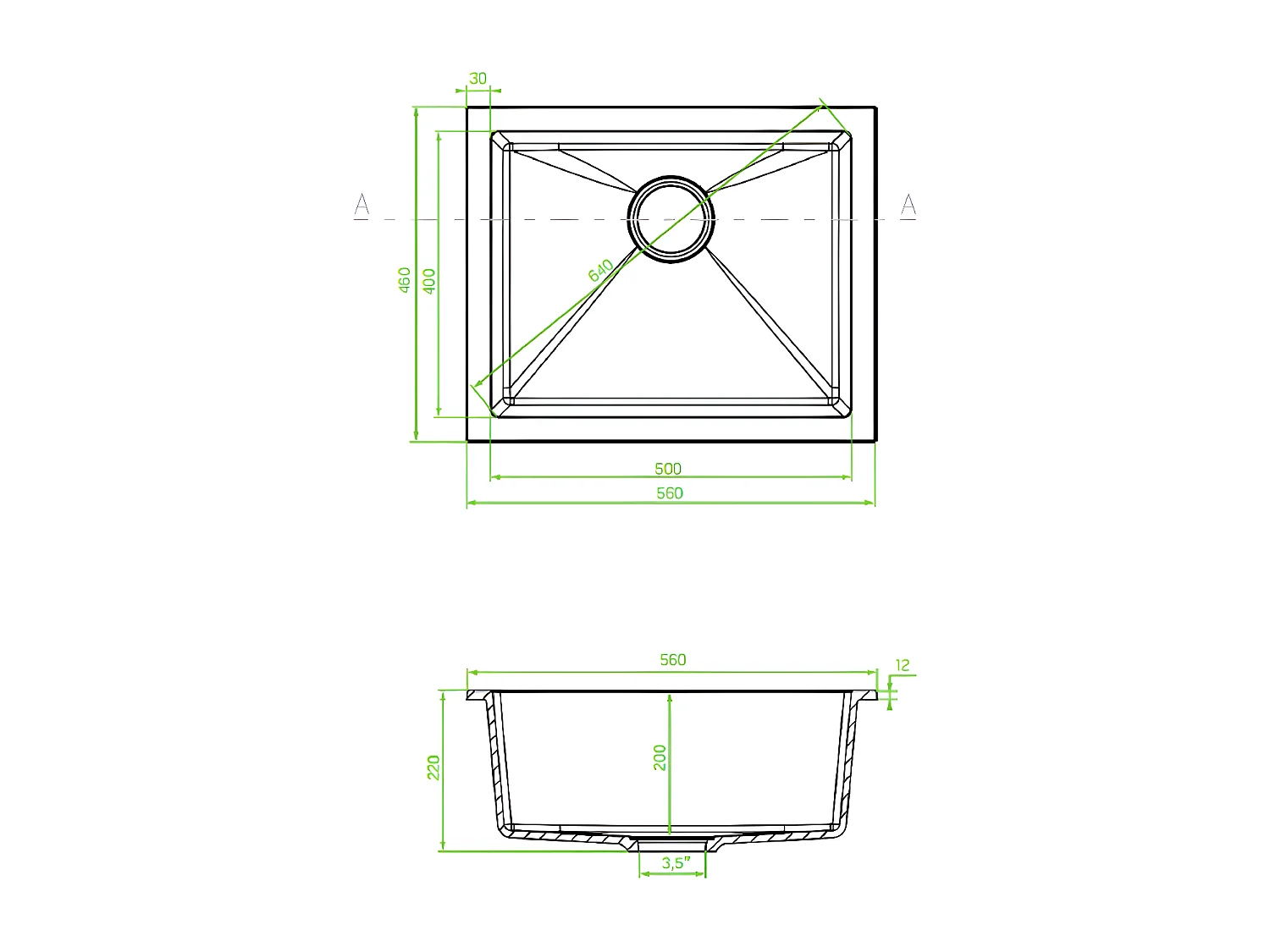 Evier de cuisine rond en granit gris IBIZA, 1 bac,56x46