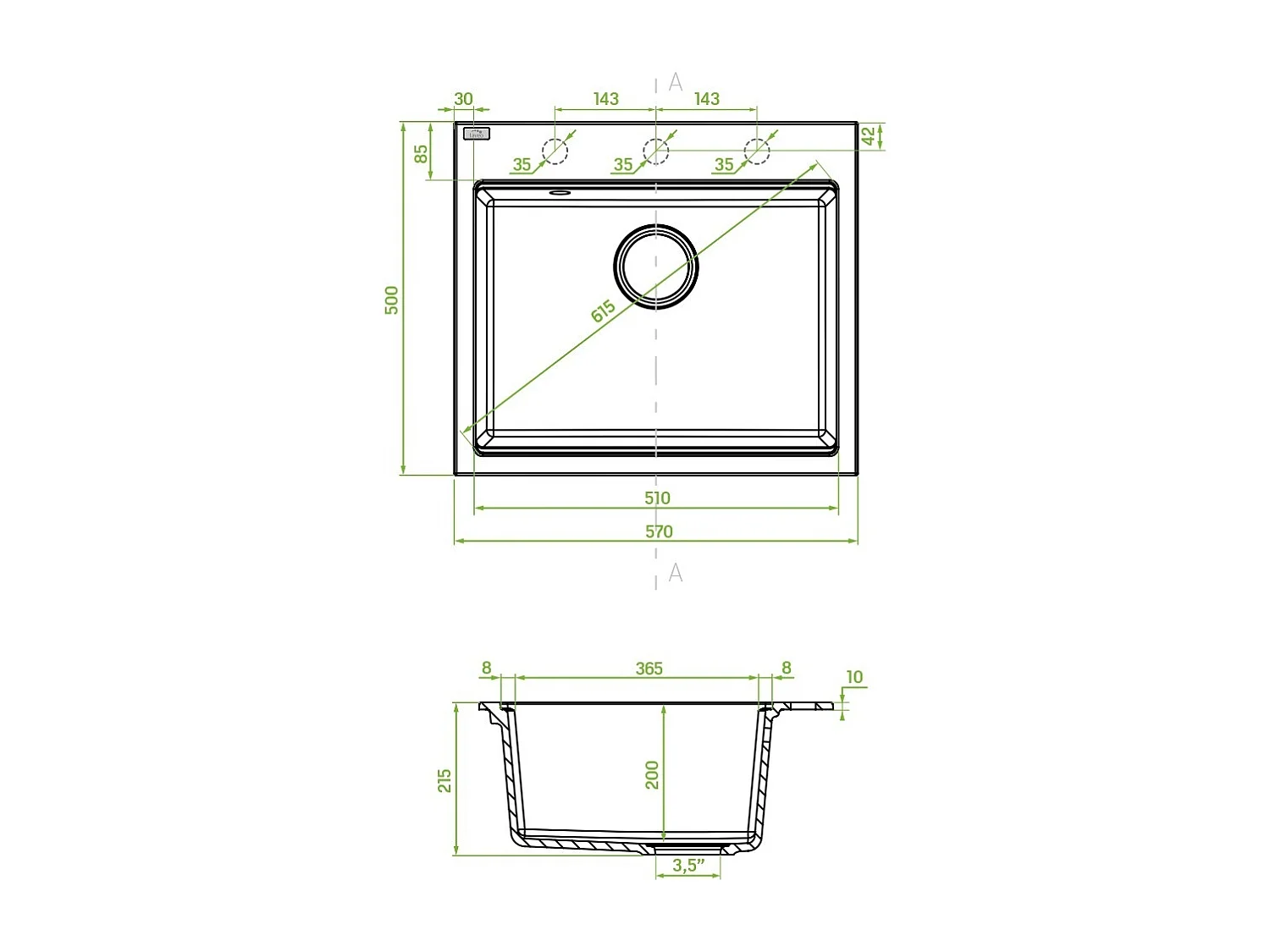 Evier de cuisine en granit beige - TAU - 50 x 57 cm, 1 bac