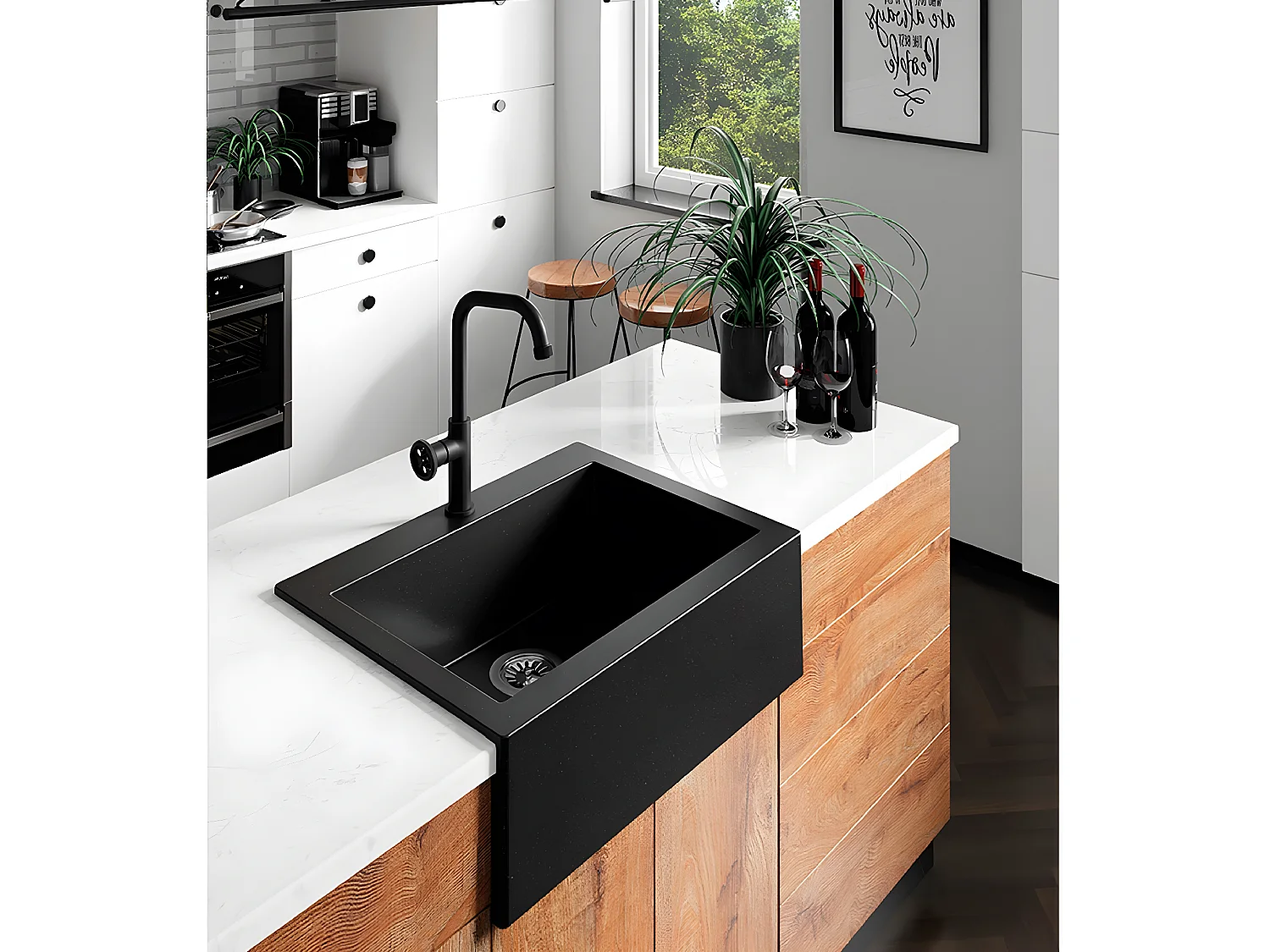 Evier de cuisine carré en granit noir KOMODO, 1 bac,49x58