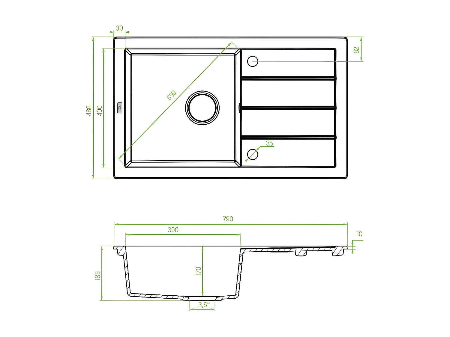 Evier de cuisine en granit beige - THIRTEEN - 48 x 79 cm, 1 bac avec égouttoir