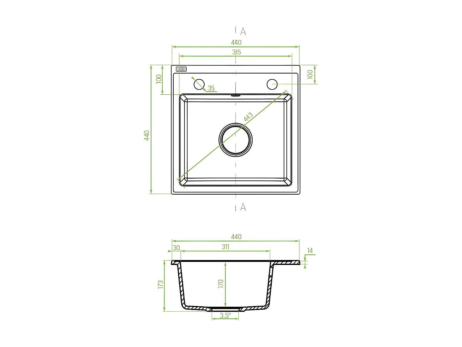 Evier de cuisine en granit gris - THIRTEEN - 44 x 44 cm, 1 bac