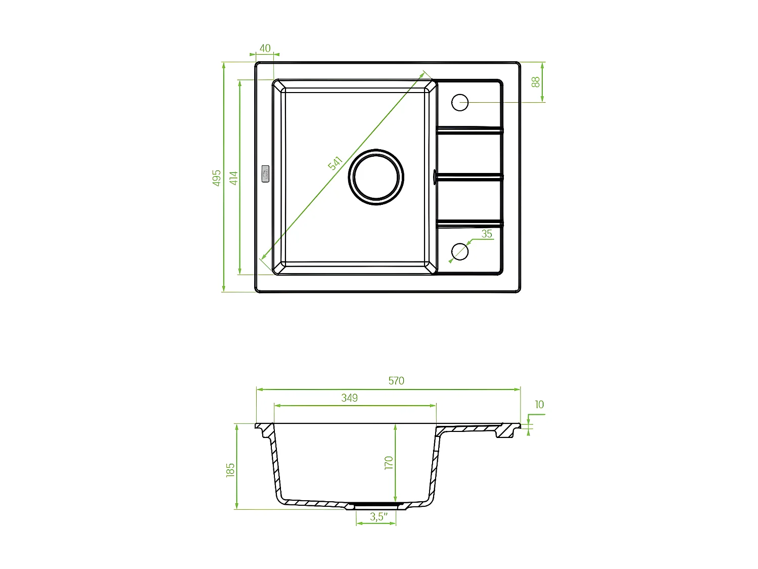 Evier de cuisine en granit beige - THIRTEEN - 49,5 x 57 cm, 1 bac