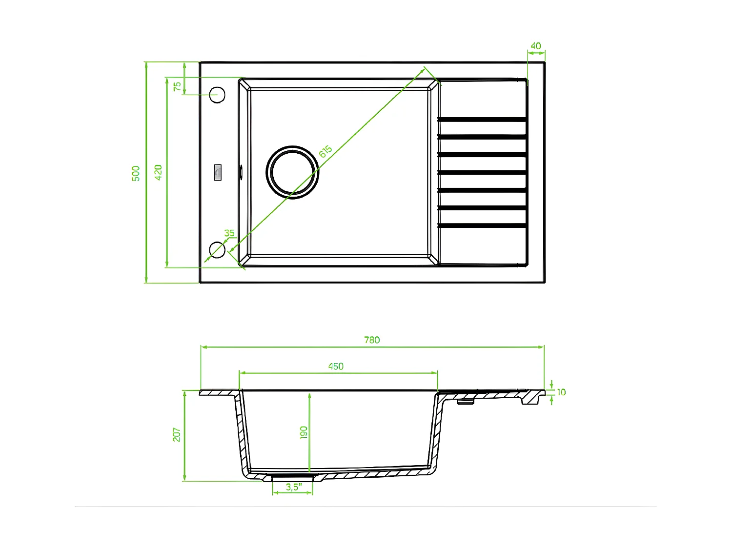 Evier de cuisine rond en granit noir PIONIER, 1 bac avec égouttoir,50x78