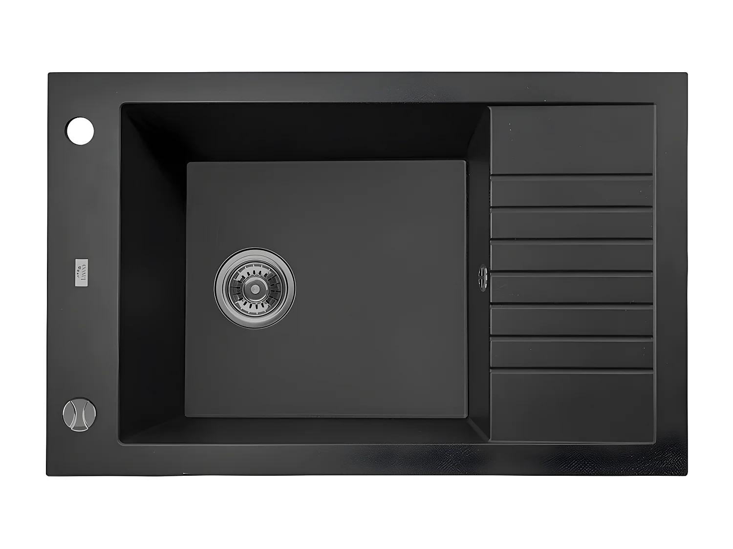 Evier de cuisine rond en granit noir PIONIER, 1 bac avec égouttoir,50x78