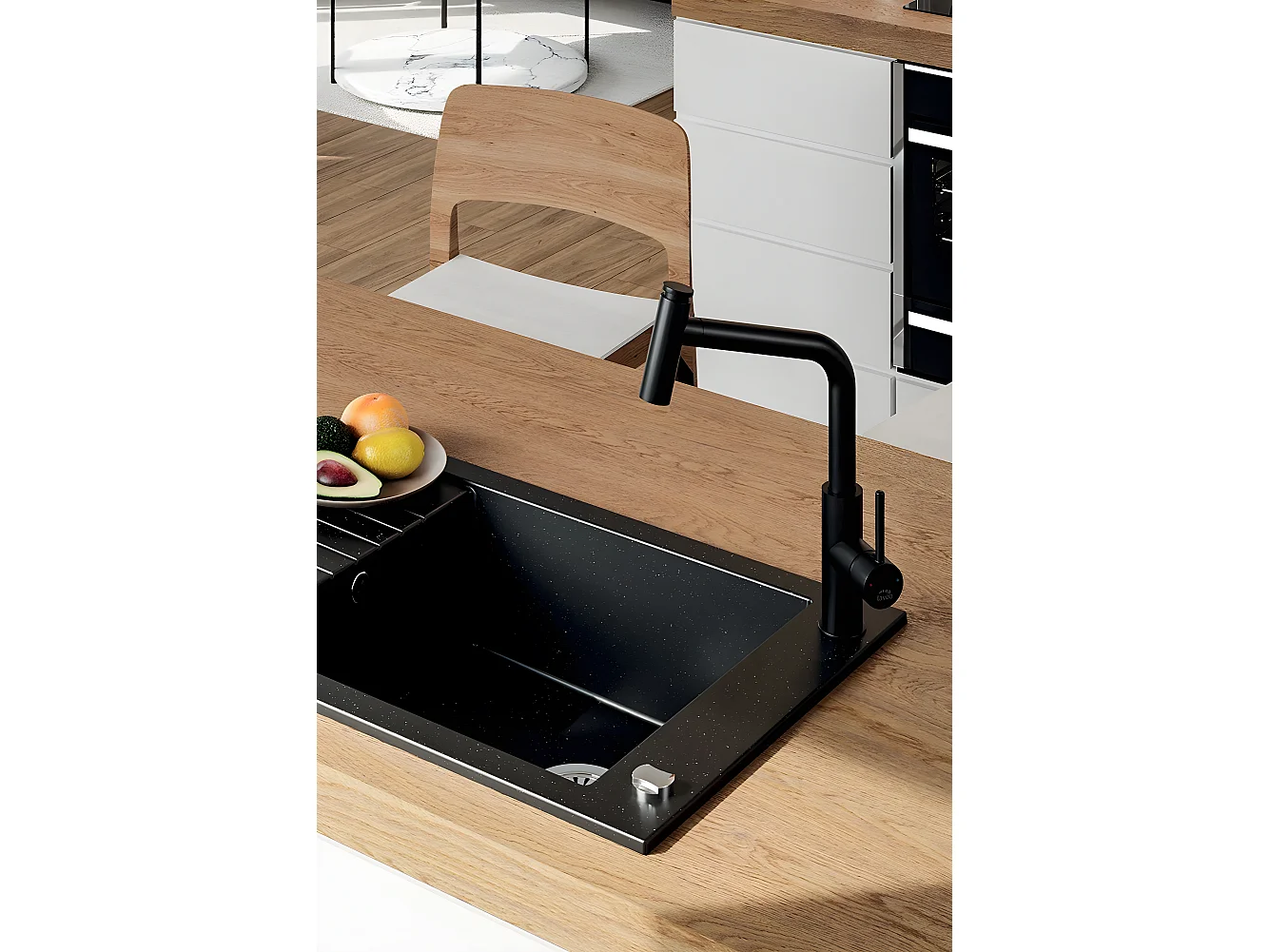 Evier de cuisine rond en granit noir PIONIER, 1 bac avec égouttoir,50x78