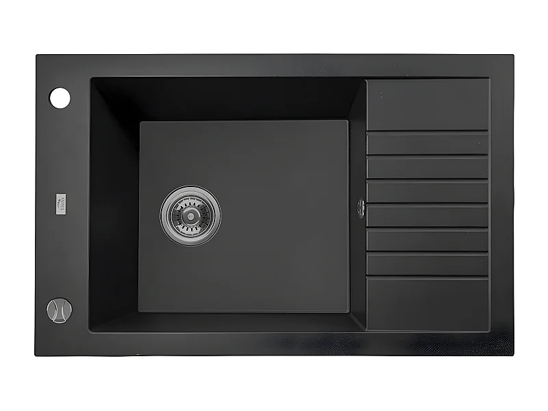 Evier de cuisine rond en granit noir PIONIER, 1 bac avec égouttoir,50x78