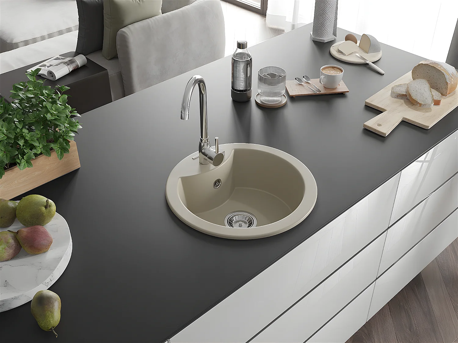 Evier de cuisine rond en granit beige DAFNE, 1 bac,51x20