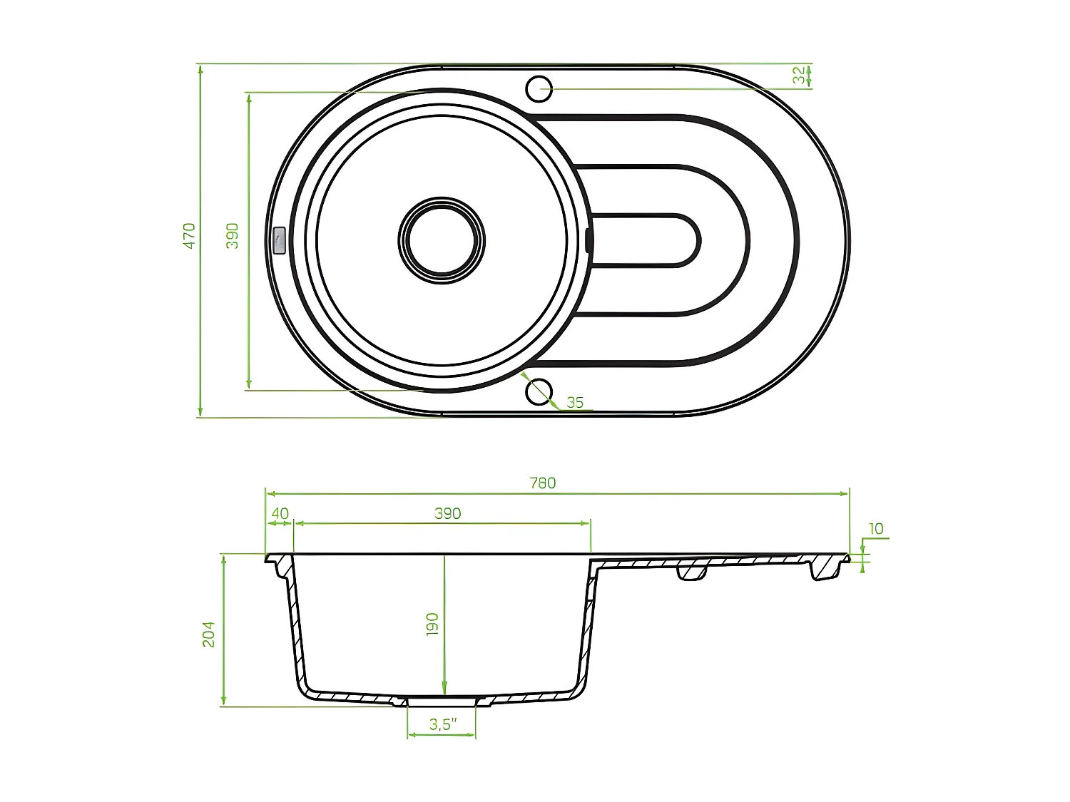 Evier de cuisine rond en granit beige DAFNE, 1 bac avec égouttoir, 47x78