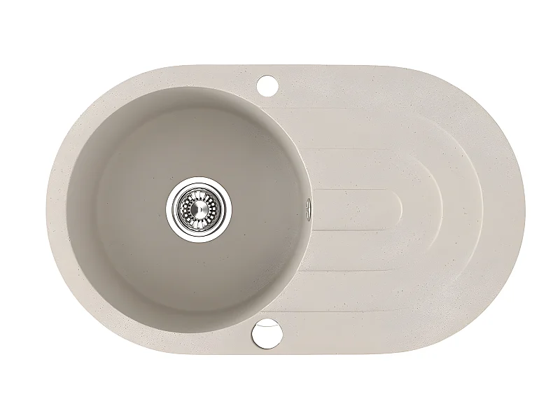 Evier de cuisine rond en granit beige DAFNE, 1 bac avec égouttoir, 47x78
