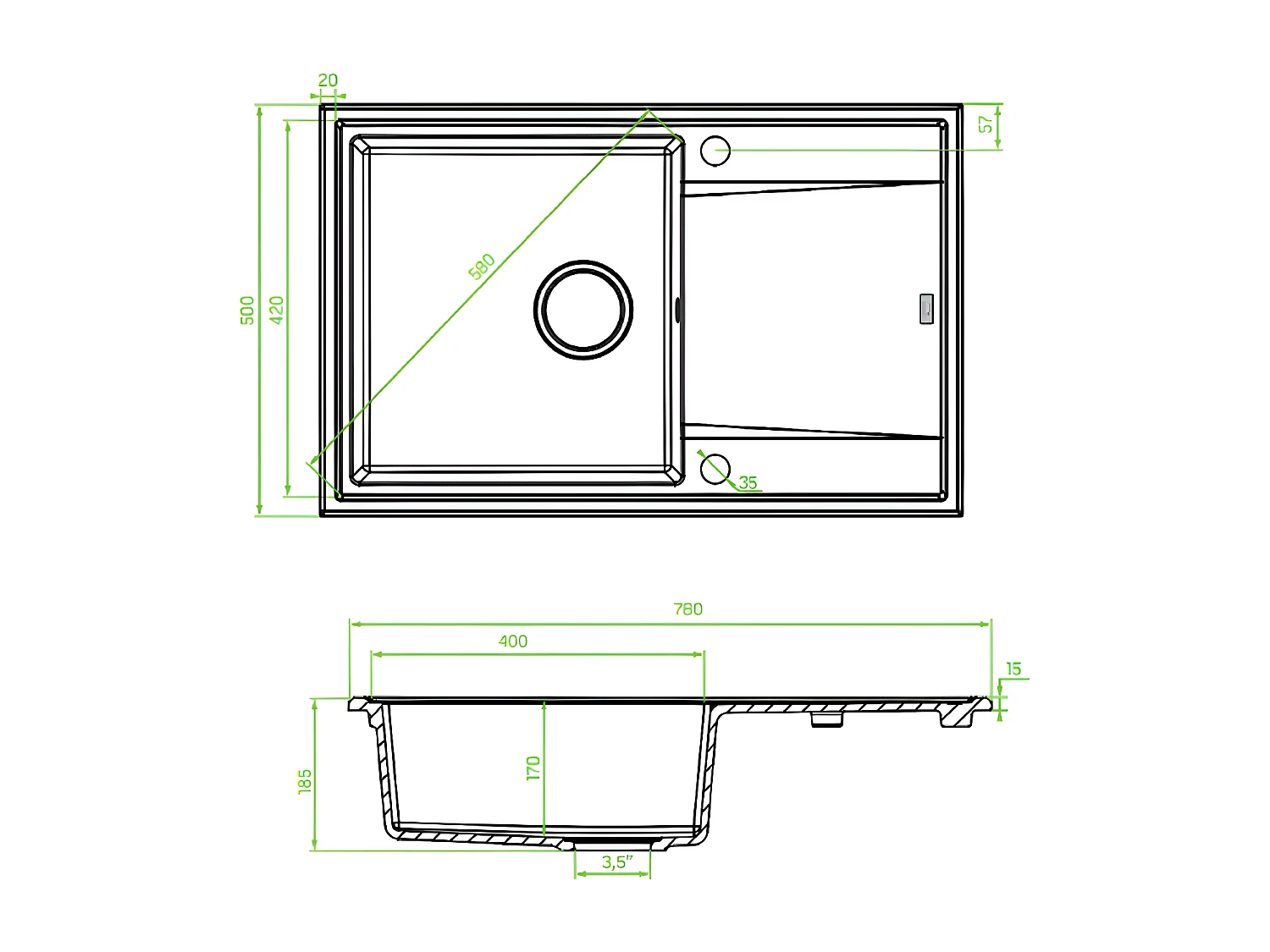 Evier de cuisine rond en granit beige MEGALO, 1 bac avec égouttoir,50x75