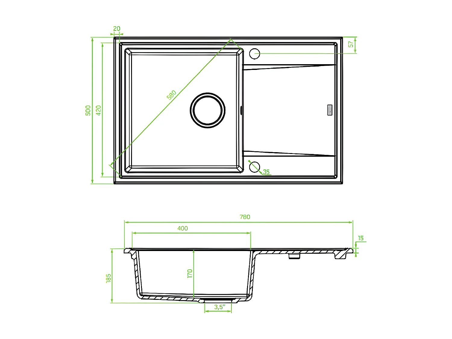 Evier de cuisine rond en granit beige MEGALO, 1 bac avec égouttoir,50x75