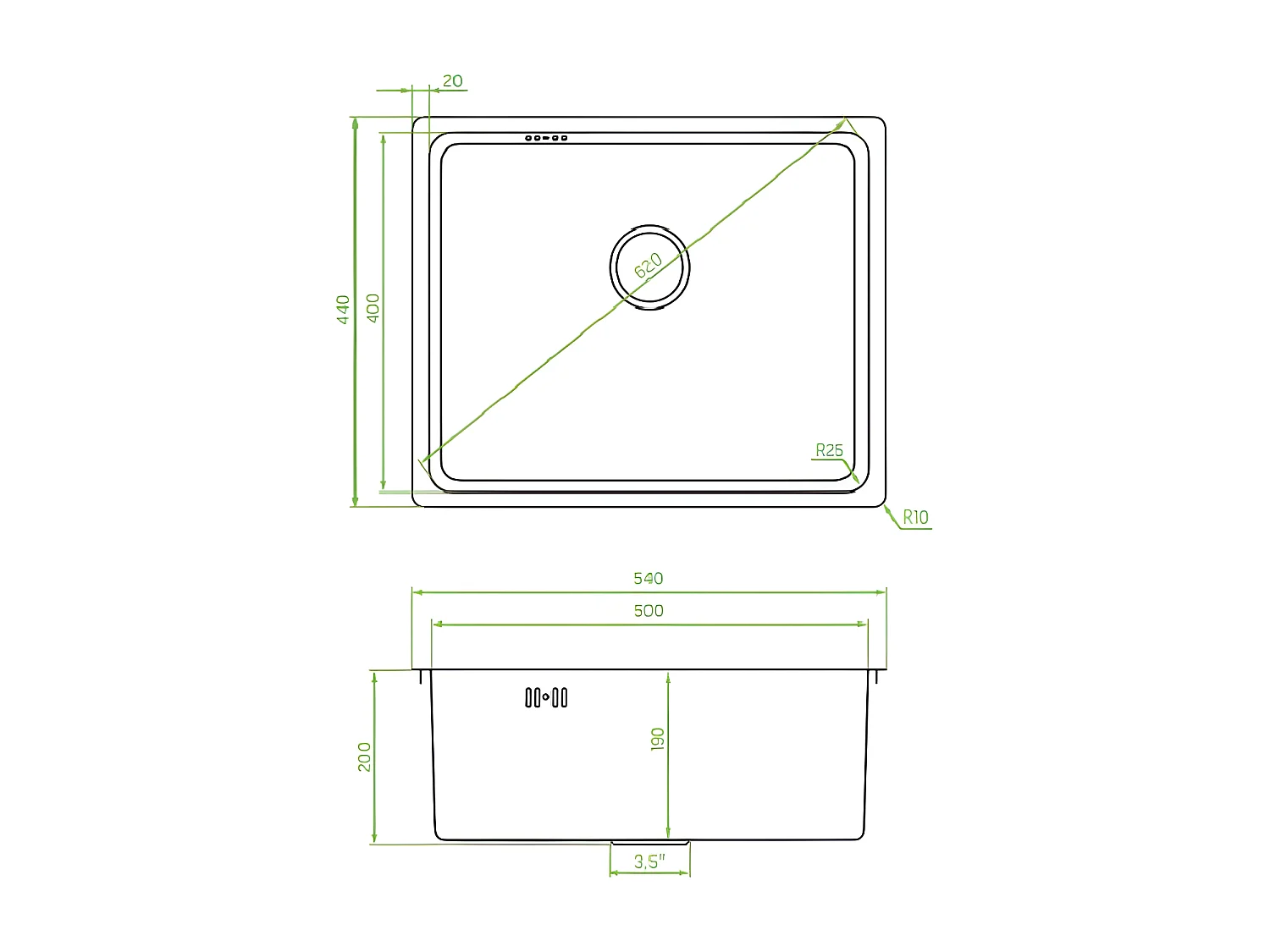 Evier de cuisine graphite ADEN, 1 bac, acier inoxydable, 44x54