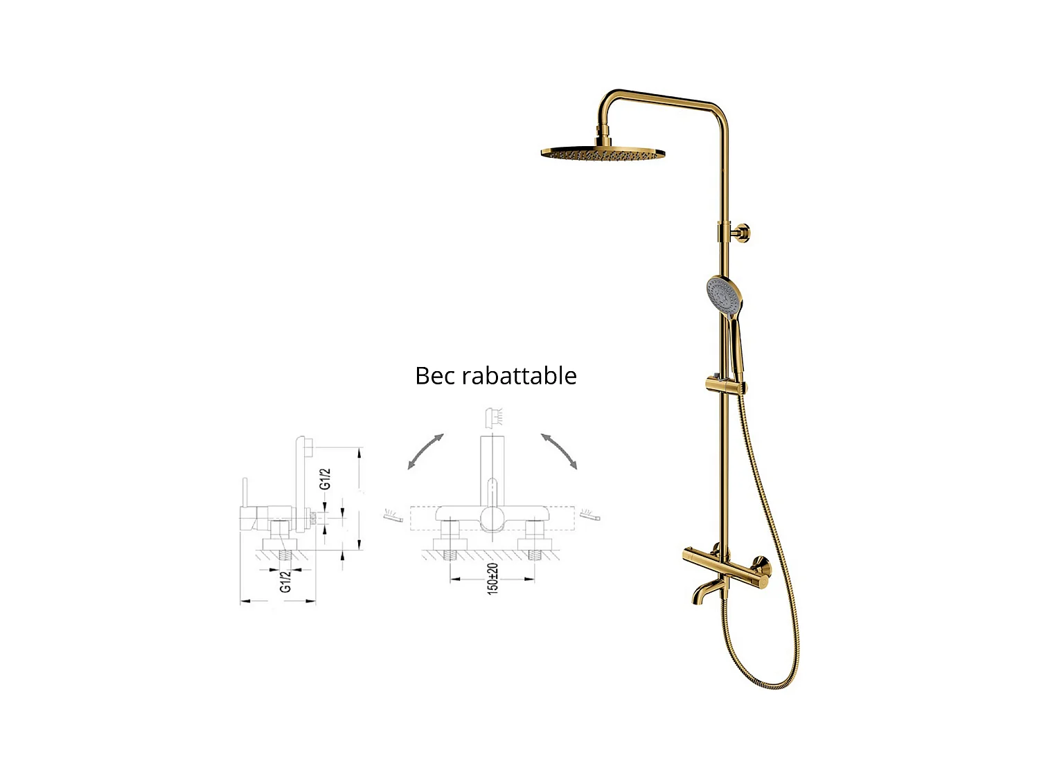 Colonne de douche et bain thermostatique doré ,bec orientable