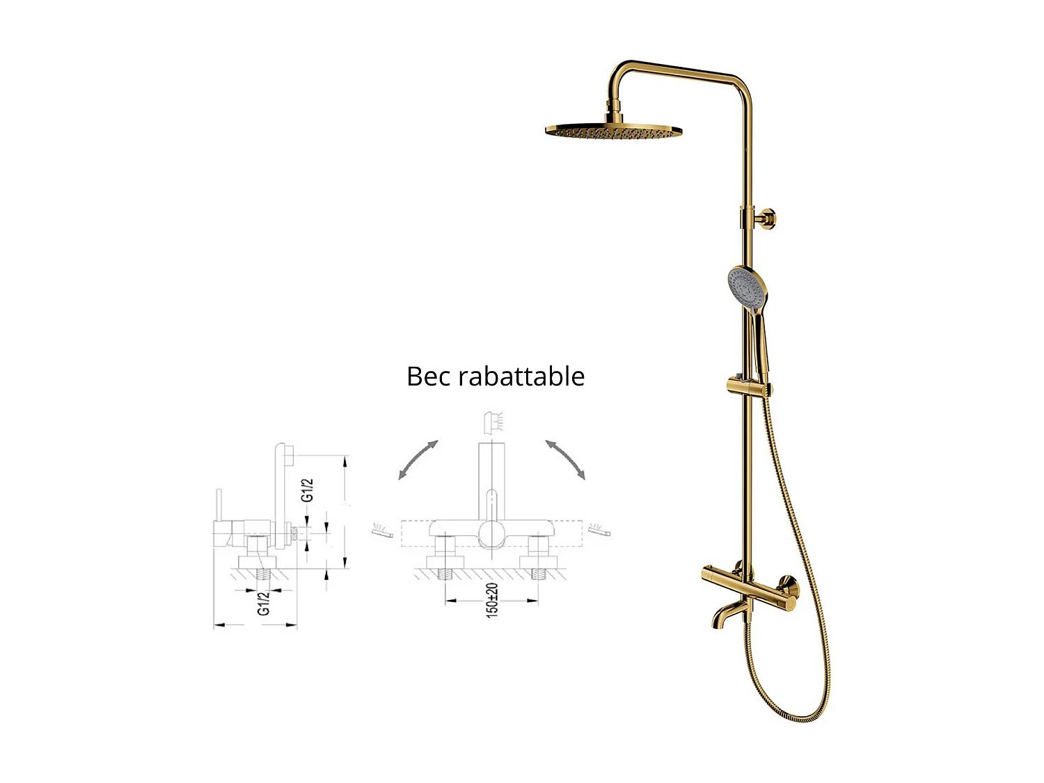 Colonne de douche et bain thermostatique doré ,bec orientable