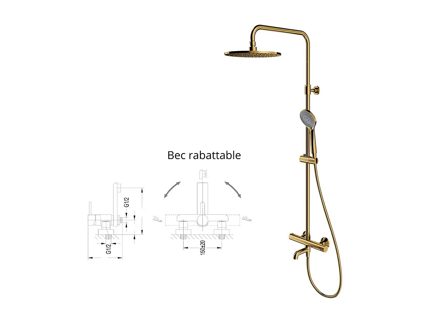 Colonne de douche et bain thermostatique doré ,bec orientable