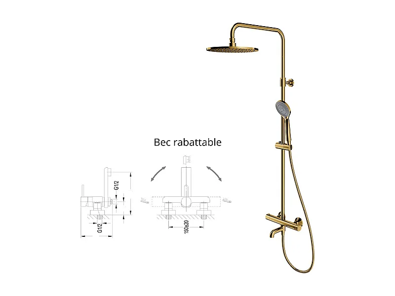 Colonne de douche et bain thermostatique doré ,bec orientable