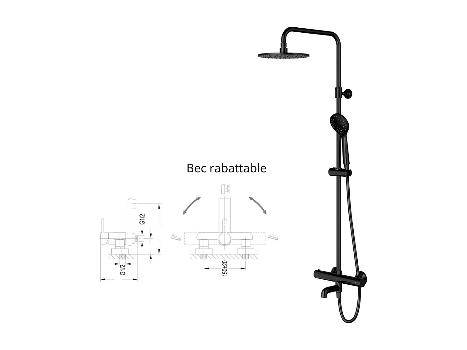 Colonne de douche et bain thermostatique noir ,bec orientable