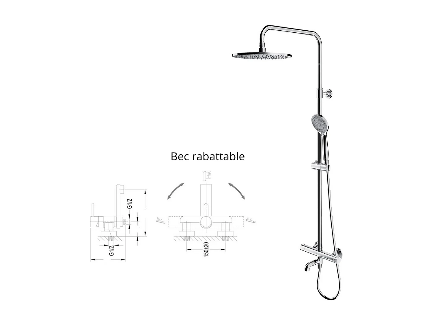 Colonne de douche et bain thermostatique chrome ,bec orientable