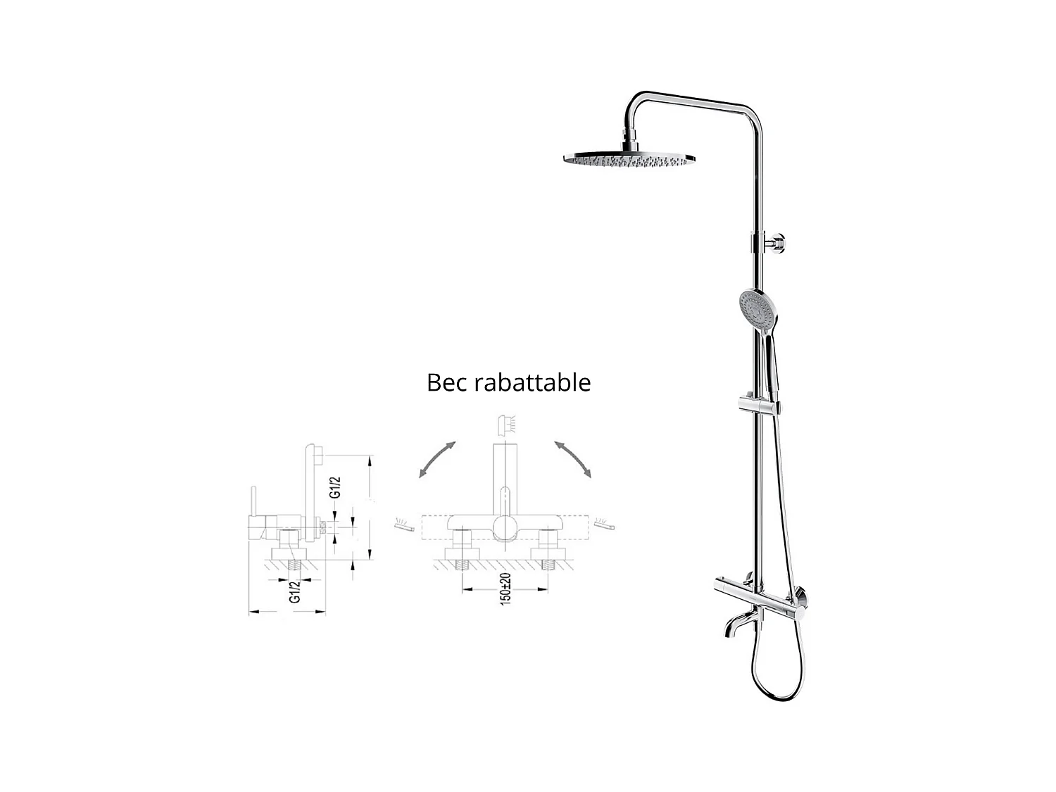 Colonne de douche et bain thermostatique chrome ,bec orientable