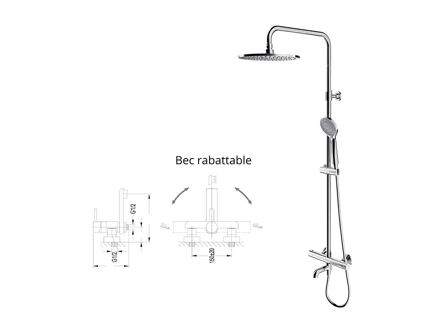 Colonne de douche et bain thermostatique chrome ,bec orientable