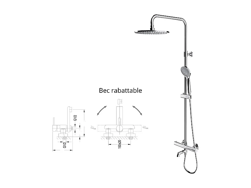 Colonne de douche et bain thermostatique chrome ,bec orientable