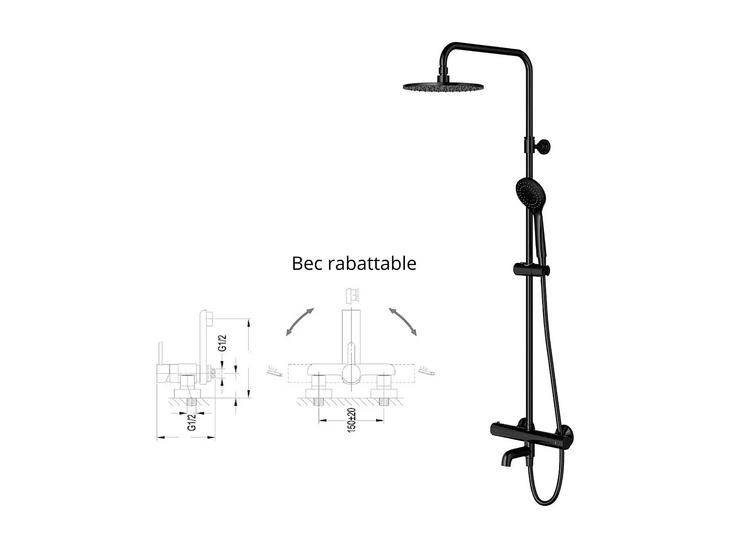 Colonne de douche et bain thermostatique noir ,bec orientable
