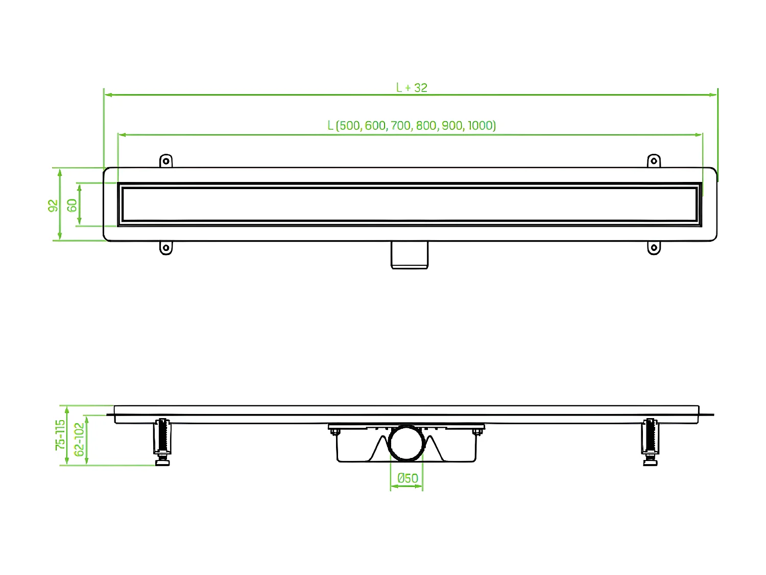 Caniveau de douche BASSO, couleur: noir, longueur:90 cm