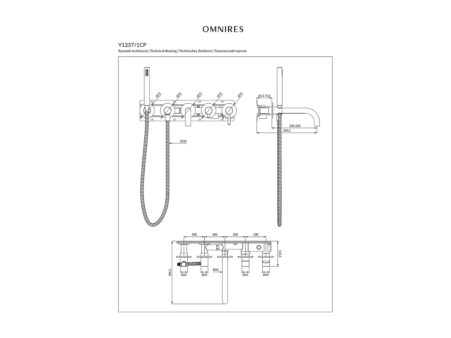 Mitigeur thermostatique de baignoire à encastrer - 5 sorties - Y - Cuivre