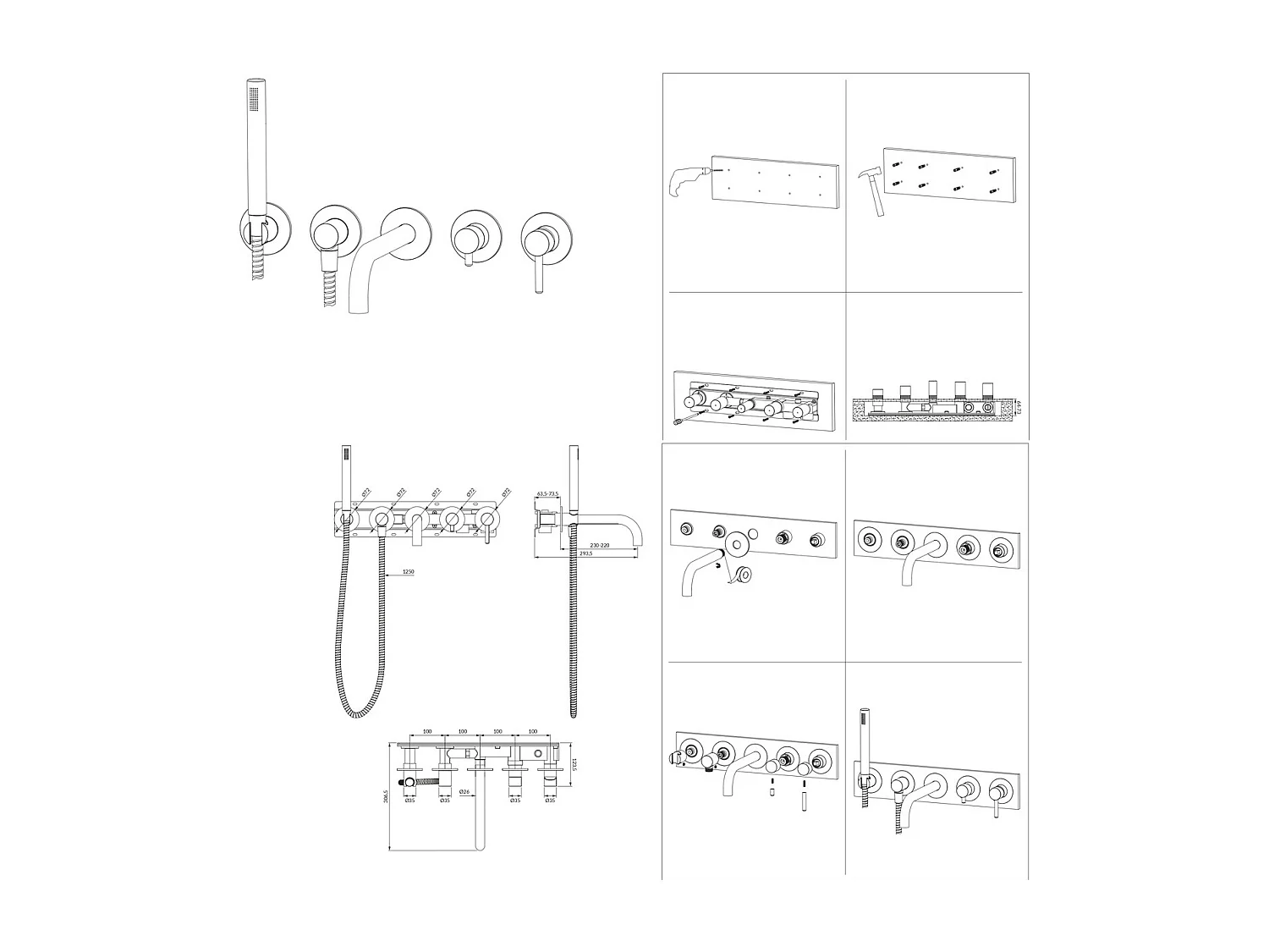 Mitigeur de douche et de baignoire à encastrer - 5 sorties - Y - Doré