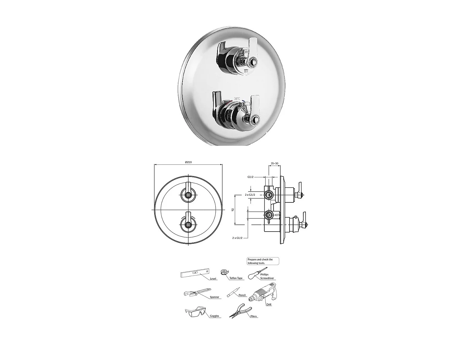 Mitigeur thermostatique de douche et de baignoire  à encastrer - 3 sorties - Armance - Chrome