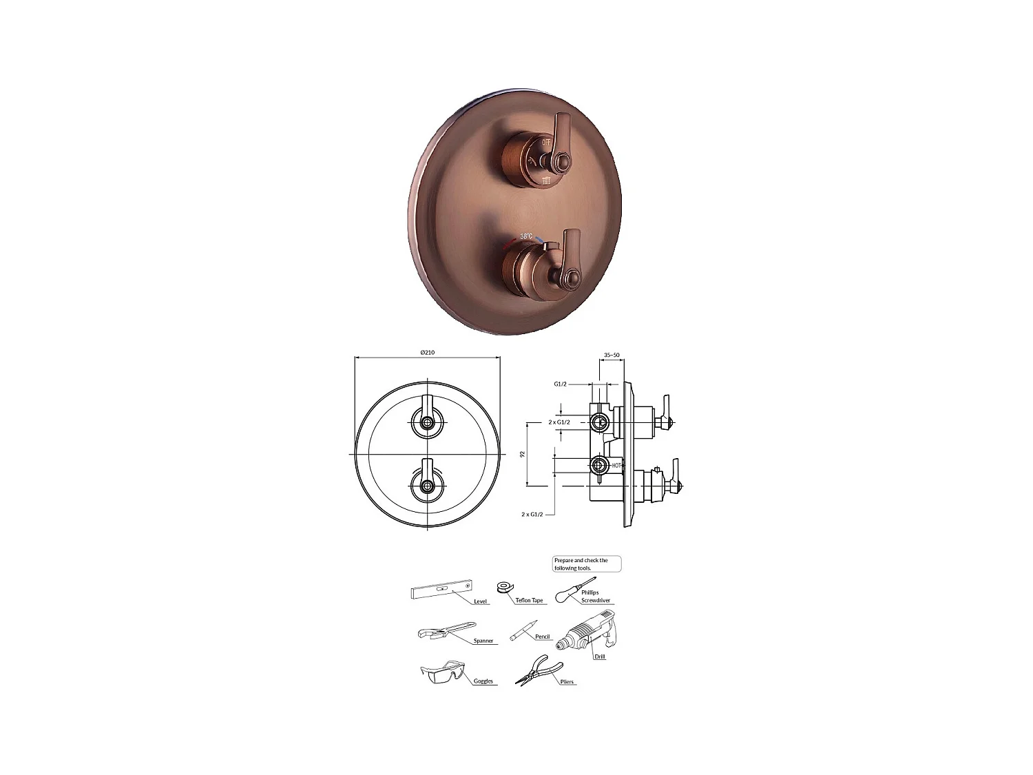 Mitigeur thermostatique de douche et de baignoire  à encastrer - 3 sorties - Armance - Cuivre antique
