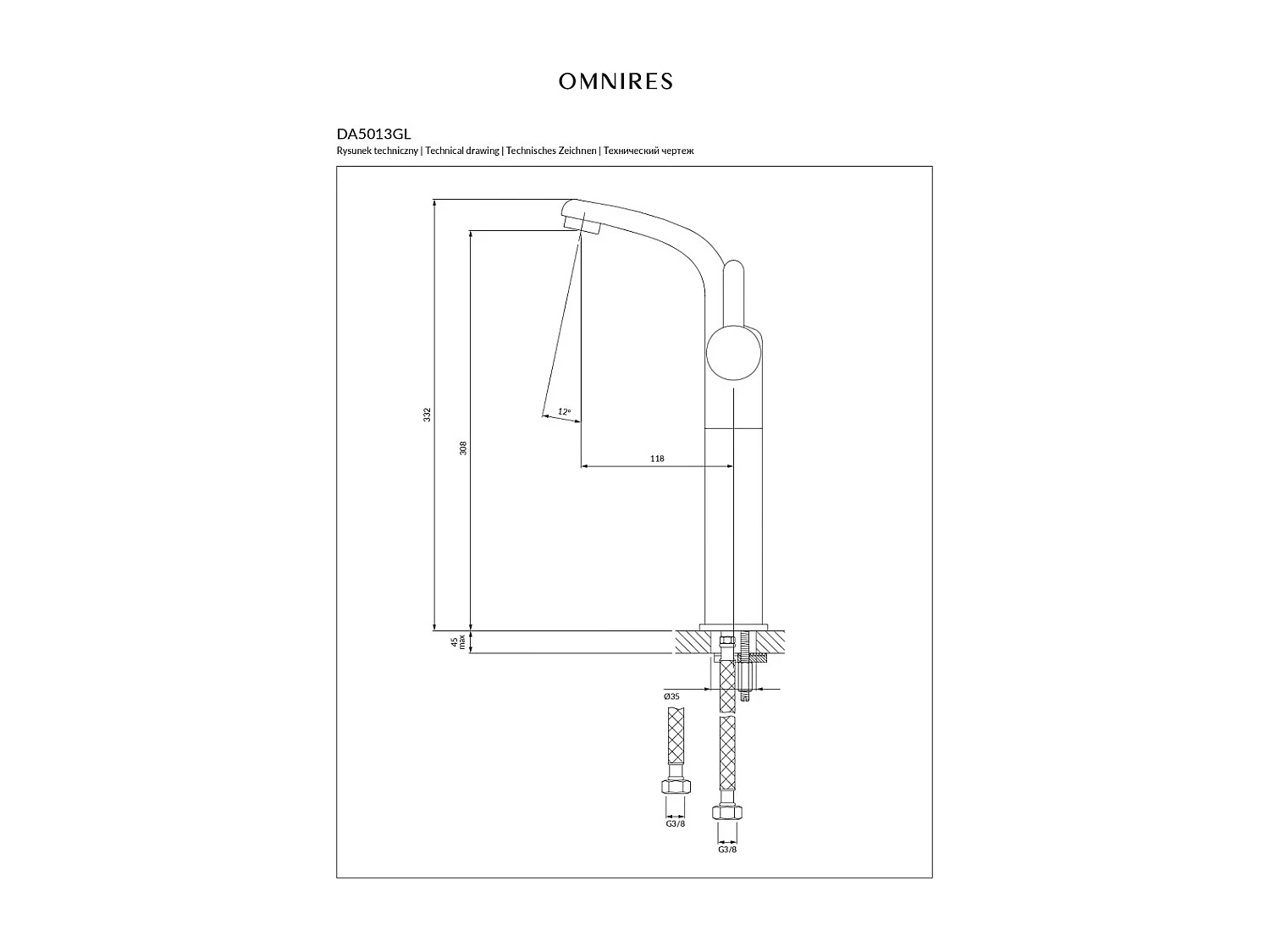 Mitigeur lavabo - 33 cm - DARLING - Doré