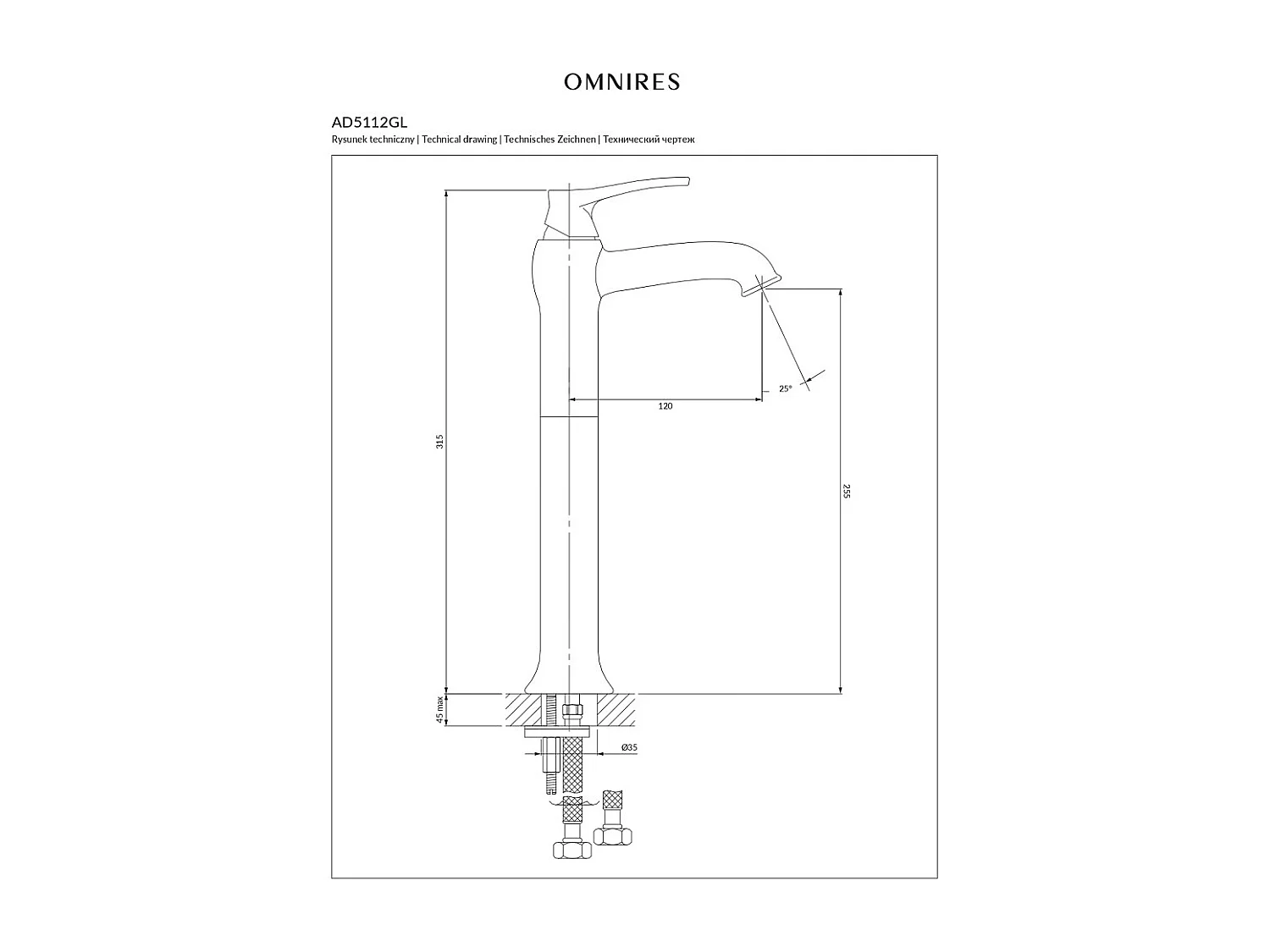 Mitigeur de lavabo rétro -  32 cm - ART DECO - Doré