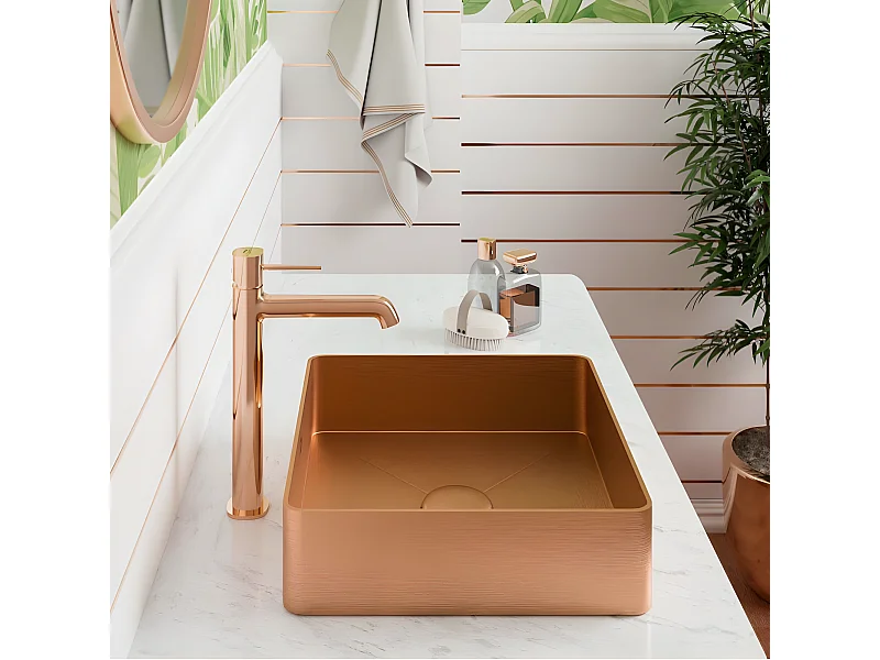 Vasque À Poser en acier inoxydable carre Rose Doré avec bonde clic-clac