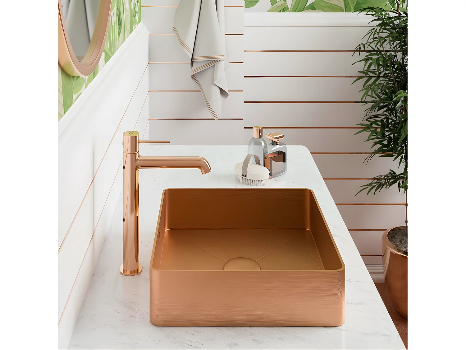 Vasque À Poser en acier inoxydable carre Rose Doré avec bonde clic-clac