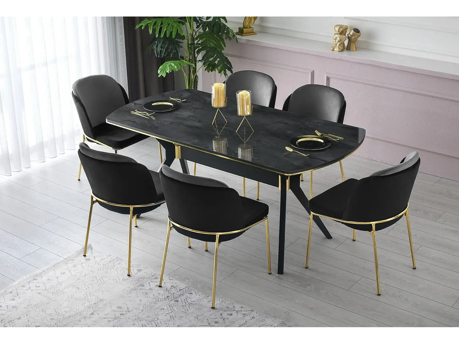 Conjunto de sillas Kailua 1649, Negro|Dorado, 86x54x55cm, Tapiz, Metálico