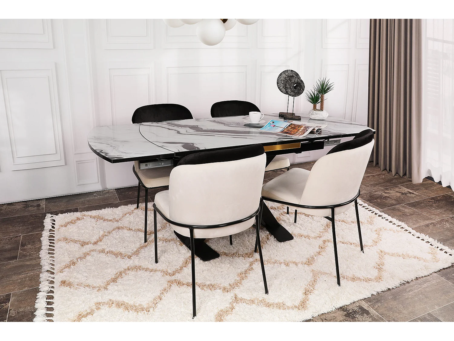 Kareen design stoel met zwart en crème fluwelen zitting en zwart metalen poten - Set van 2