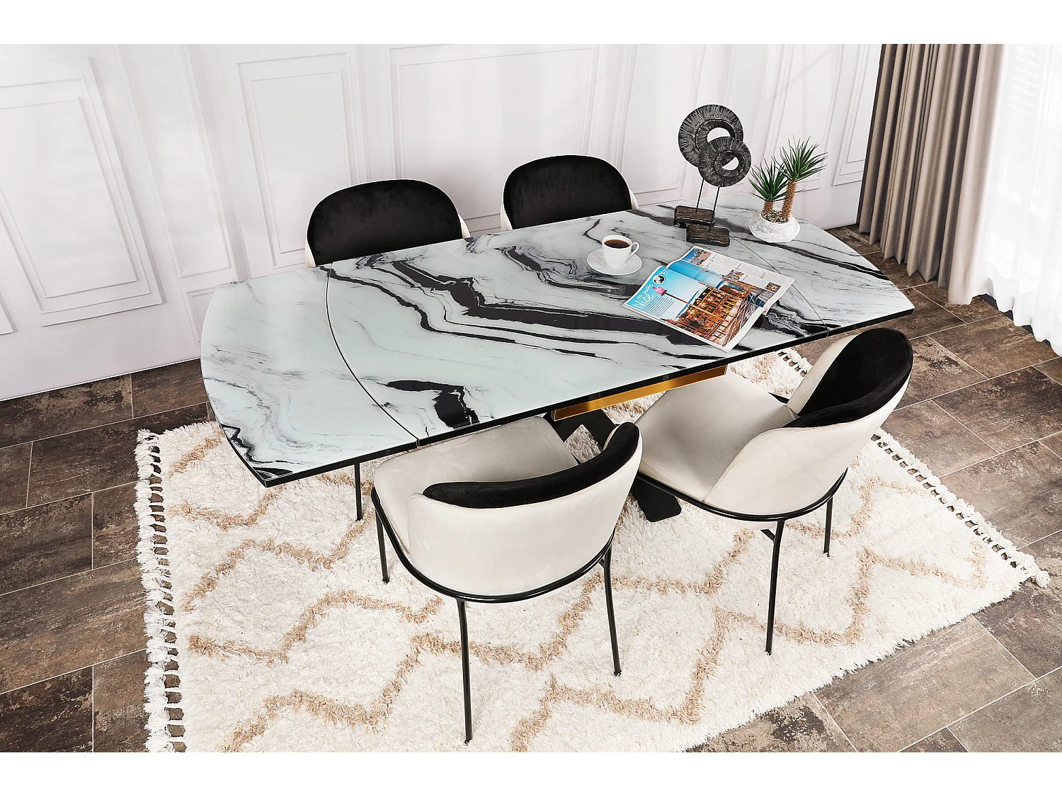 Kareen design stoel met zwart en crème fluwelen zitting en zwart metalen poten - Set van 2