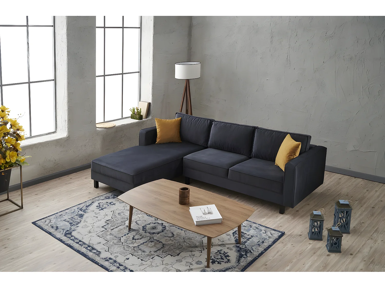 Canapé d'angle à gauche Hraya Velours Anthracite